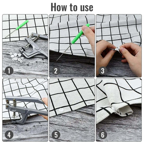 All Purpose Snap Pliers Kit For Crafts And Clothing usage steps with pliers, awl, and fabric setup