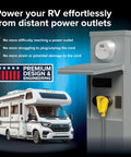Power Grip 30-Foot 50-Amp Camper RV Extension Cord With Copper 6/3 And 8/1 Gauge Wires, connected to power outlet next to RV