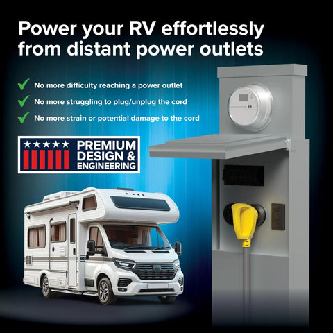 Power Grip 30-Foot 50-Amp Camper RV Extension Cord With Copper 6/3 And 8/1 Gauge Wires, connected to power outlet next to RV