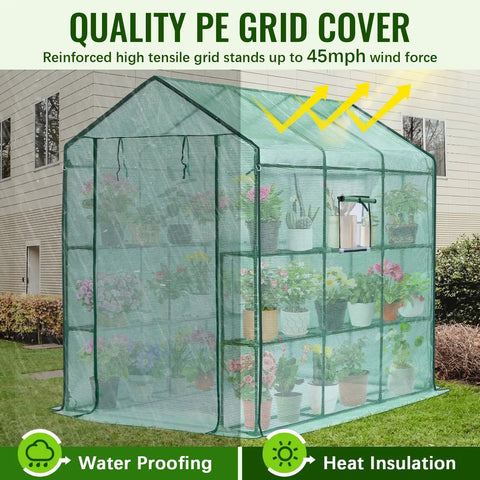 Walk In Backyard Greenhouse With Eight Shelves, Heavy Duty Portable Outdoor Greenhouse, Mesh Side Windows, Durable PE Cover, Protect Plants From Cold Rain Pests, Ideal For Indoor Outdoor Garden