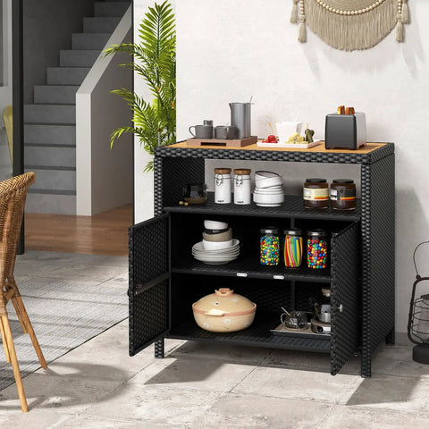 Outdoor Rattan Storage Cabinet With Acacia Wood Countertop Weatherproof Two Door Wicker Sideboard Open Shelf For Quick Access Outdoor Bar Station For Patio Garden Or Poolside Use Black with items inside