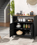 Outdoor Wicker Bar Cabinet With PE Rattan Construction, Durable Acacia Wood Countertop, Open Shelf And Two Doors, Black Finish