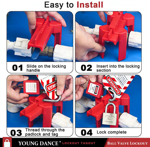 Adjustable Ball Valve Lockout Device For Half Inch To Two And A Half Inch Pipes installation steps with red lock and padlock