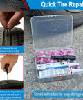 Sixty Piece Heavy Duty Tubeless Tire Repair Kit With Slick Rubber Nails And Quick Cure Glue For Instant Puncture Fix and No Sweat Roadside Rescue Plug It Tight Now - showing repair process and kit contents.