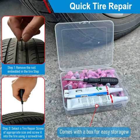Sixty Piece Heavy Duty Tubeless Tire Repair Kit With Slick Rubber Nails And Quick Cure Glue For Instant Puncture Fix and No Sweat Roadside Rescue Plug It Tight Now - showing repair process and kit contents.