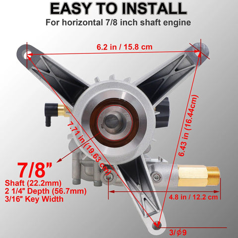 Beefy 3400 PSI Replacement Pressure Washer Pump With 2.5 GPM And 7/8 Inch Shaft, rear intake and outlet shown in diagram
