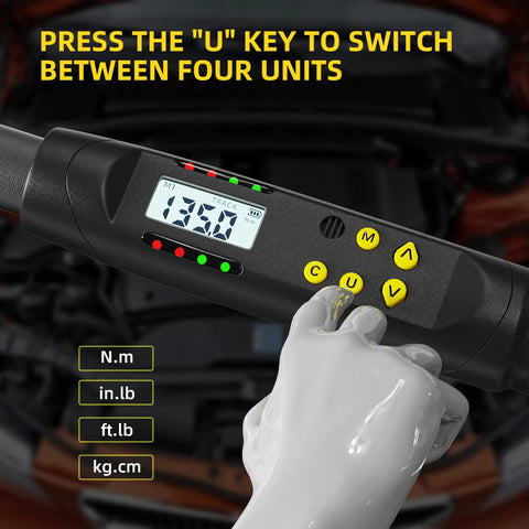 Digital Torque Wrench One Half Inch Drive With Preset Value And Data Storage, LED display and unit switch buttons highlighted