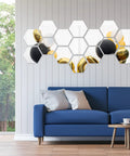 Hexagon Mirror Wall Stickers Set Removable Silver Acrylic Honeycomb Decals above blue sofa in living room decor