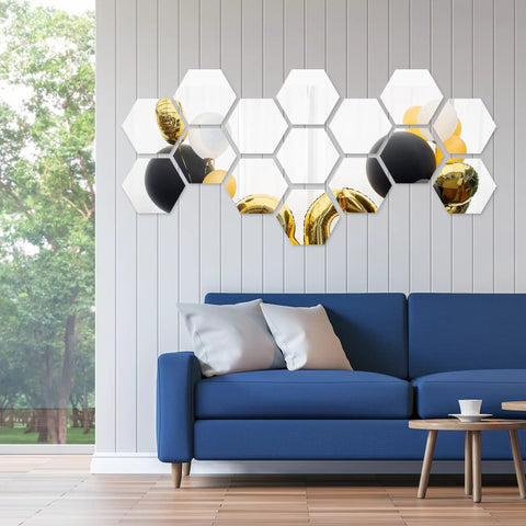 Hexagon Mirror Wall Stickers Set Removable Silver Acrylic Honeycomb Decals above blue sofa in living room decor