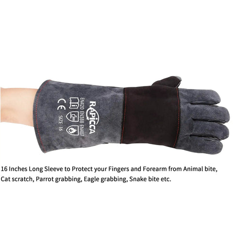 Animal Handling Gloves Bite Proof With Double Leather Reinforcement For Dogs Cats Birds Falcons Reptiles And More 16 Inch Grey Black