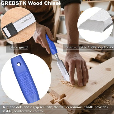 Kickass Four Piece Wood Chisel Set Built From Heavy Duty Chrome Vanadium Steel, featuring blue ergonomic handle and CR-V blade.