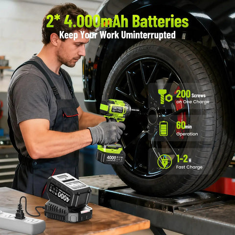 Person using Cordless One Half Inch Impact Wrench With 800 N m Max Torque Brushless Motor on car tire