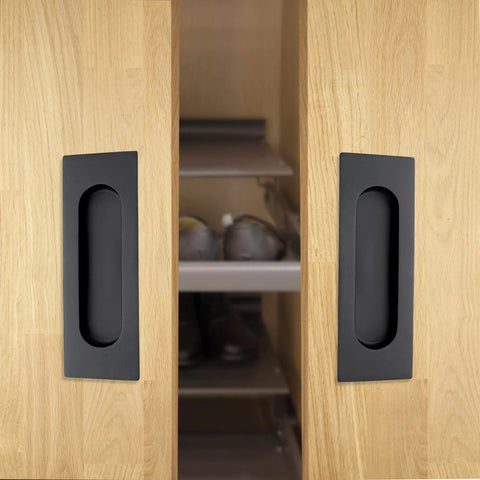 Installed 4.72 Inch Matte Black Recessed Finger Flush Cabinet Pulls by Malimali on wooden closet doors, 2 pack