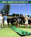 People using Indoor Putting Green Mat Set With Adjustable Putters, 2 Balls, 12 Hole Covers, outdoor backyard setting