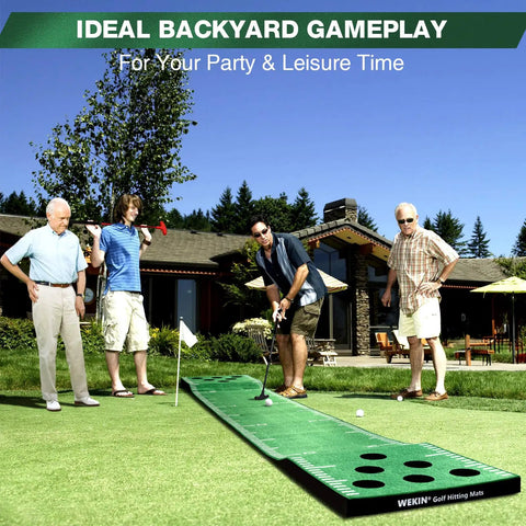 People using Indoor Putting Green Mat Set With Adjustable Putters, 2 Balls, 12 Hole Covers, outdoor backyard setting