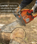 Person using Gas Chainsaw 18 Inch 50cc 3-HP X-Torq Engine with Automatic Oiler for chopping wood.