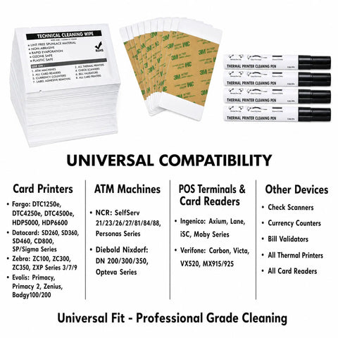 Upgrade ID Card Printer Game With This Complete Maintenance Kit Featuring Four Printhead Cleaning Pens Ten Adhesive Scrub Cards And Fifty Premium Wipes To Tackle Greasy Buildup Without Breaking A Sweat. Image displaying cleaning wipes and pens.