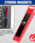 Super Magnetic Wrench Organizer Two Pack holds twelve heavy ratchets each, showing strong red magnetic rack mounted on steel surface.