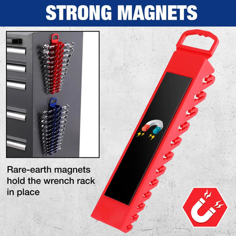 Super Magnetic Wrench Organizer Two Pack holds twelve heavy ratchets each, showing strong red magnetic rack mounted on steel surface.