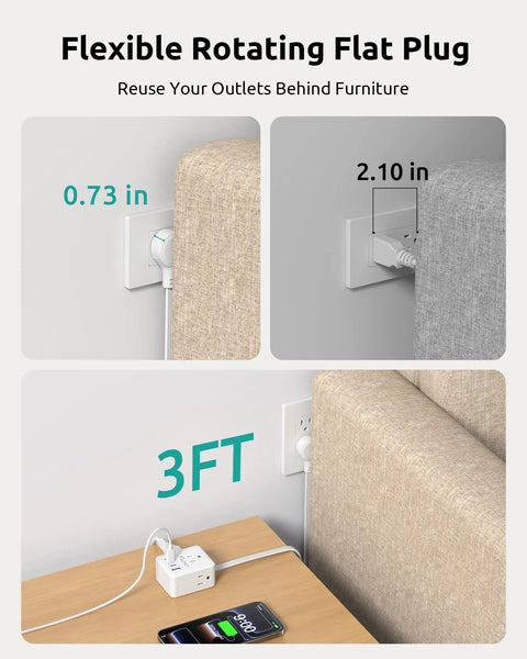 360° Rotating Flat Power Strip With 3 Ac Outlets And 4 Usb Ports Smart Extension Cord in use behind sofa with 3ft cord.