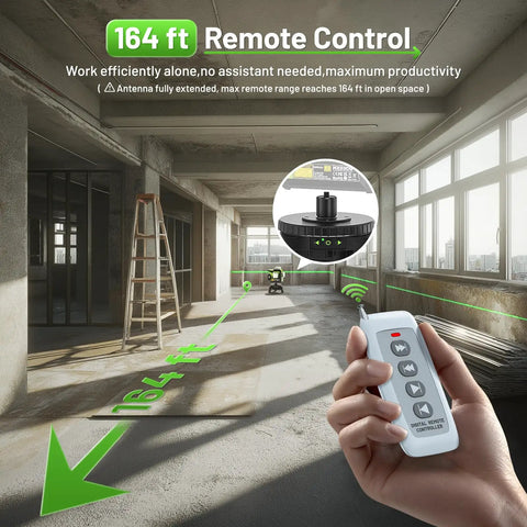 Electric Rotating Base For Laser Level With 50 Meter Wireless Remote in use in construction space, showing remote control range.