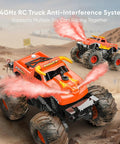 Two orange Waterproof Monster Truck Toy 1 To 16 Scale Amphibious Remote Control Car For All Terrain Off Road Pickup 4WD on dirt track