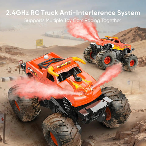 Two orange Waterproof Monster Truck Toy 1 To 16 Scale Amphibious Remote Control Car For All Terrain Off Road Pickup 4WD on dirt track