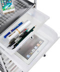 10 Drawer Rolling Storage Cart With Lockable 360 Degree Wheels, top view showing organized drawers with stationery and electronic devices