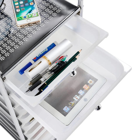 10 Drawer Rolling Storage Cart With Lockable 360 Degree Wheels, top view showing organized drawers with stationery and electronic devices