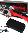 Rechargeable Cordless Electric Box Cutter For Cardboard And Carpet That Slices Straight Through Fabric And Paper With Zero Sweat Featuring Lightweight Build Quiet Motor And Super Handy Carry Case Included, displayed with USB charger.