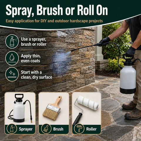 Top-Shelf Satin Stone Sealer and Color Enhancer Amps Up Tones on Porous Pavers and Rock being applied with a sprayer on stone.