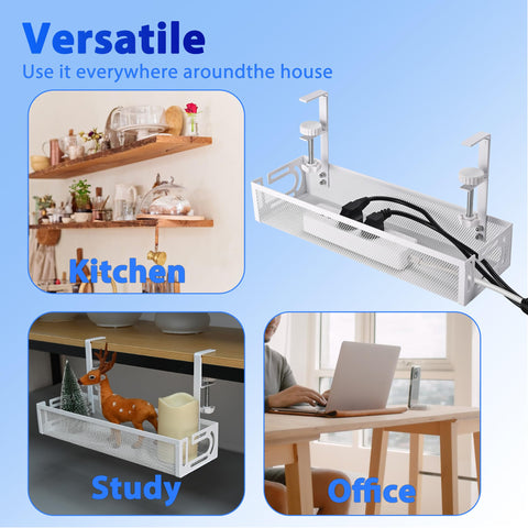 Versatile under desk cable management tray small clamp-mounted wire organizer shown in kitchen, study, and office settings.