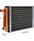 Heavy Duty Water To Air Heat Exchanger For Forced Air Heating With 1 Inch Copper Ports, showcased with dimensions.