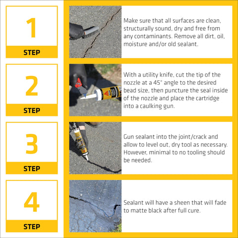 Step-by-step application of Asphalt Sealant Black Self Leveling Hybrid Crack Filler For Driveways Roadways And Pavements Tough As Nails 9 Fl Oz Cartridge.