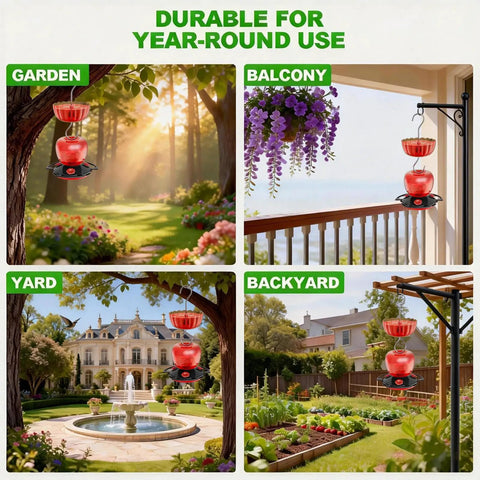 Hummingbird Feeder With Ant Moat For Outdoors 10 Oz Nectar Dispenser installed in garden, balcony, yard, and backyard settings.