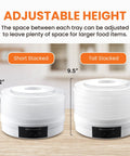 Total Game Changer Digital Food Dehydrator With Five Roomy Trays Variable Heat Controls And An Easy Forty Eight Hour Timer showing adjustable height with short and tall stacking options.
