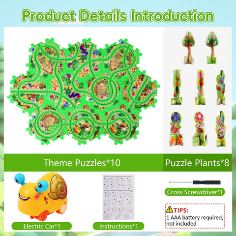 Puzzle Racer Car Track Set For Kids Ages 3 To 8 With 10 Puzzle Tracks Snail Car And Road Sign Pieces, showing track layout and pieces.