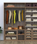Expandable Closet Shelves Set, Adjustable Shelf Boards For Cabinets And Pantries, No Drilling Easy Install, shown in wooden wardrobe