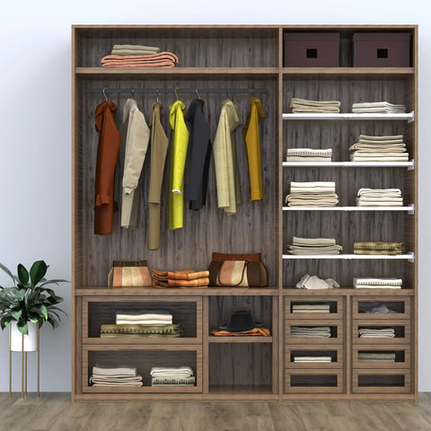 Expandable Closet Shelves Set, Adjustable Shelf Boards For Cabinets And Pantries, No Drilling Easy Install, shown in wooden wardrobe