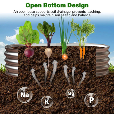 Open bottom design of Galvanized Raised Garden Bed For Outdoor Use 4 By 2 By 1 Foot Oval Design, showing root growth.