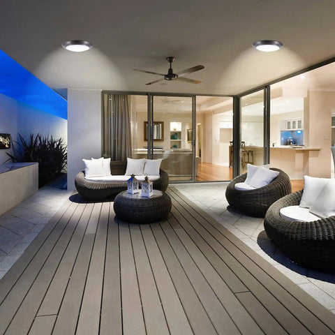Stylish outdoor setting with 7 Inch Flush Mount LED Ceiling Light Fixture 120V Dimmable 12W 800 Lumens With 3000K 4000K 5000K Adjustable CCT Bronze Finish For Bedroom Kitchen Bathroom Hallway Easy Install illuminating patio area.
