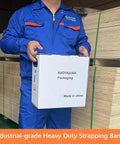 Pro Level Heavy Duty Poly Strapping Kit Boasts Sweat Saving Handled Spools Packed With Durable Twist Locks Plus Protective Edge Savers For Boss Move Warehouse Palletizing And Shipping Rush Jobs in use with packaging materials.