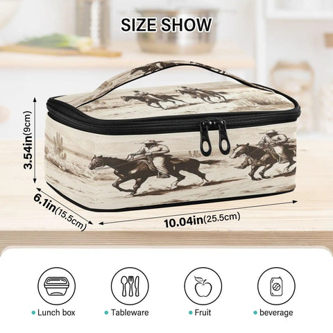 Desert Cowboys Insulated Lunch Bag With Leakproof No Spill Design on a table, side view with size measurements.