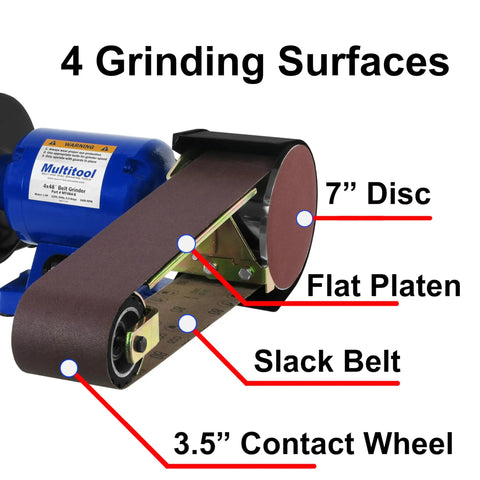 Real Badass 1HP Belt Grinder With Quick Swap 4By48 Inch Belt Auto Tension Rig And 4970 Sfpm Power showing 4 grinding surfaces.