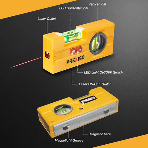 Slick Little Laser Level Tool With LED Illumination, 30 Ft Range, Pocket Sized Magnetic Spirit Level For 90 Degree And 180 Degree Angles, One Hand Use, Lightweight ABS Housing For Clear Visibility In Low Light. Yellow ABS laser level with LED vial, magnetic back, V-groove and on/off switches