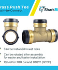 Brass Push To Connect Tee Fitting For Plumbing Quick Installation With PEX Copper CPVC PE-RT SDR-9 HDPE Pipes Shown