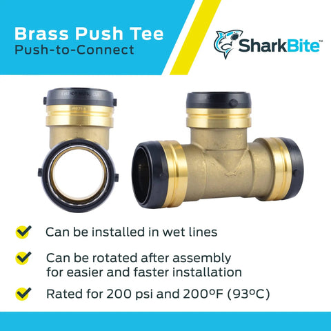 Brass Push To Connect Tee Fitting For Plumbing Quick Installation With PEX Copper CPVC PE-RT SDR-9 HDPE Pipes Shown