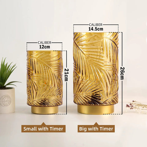 Cordless Battery Operated LED Glass Lamp With Timer Yellow Table Centerpiece for Bedroom Living Room Party or Entryway shown in two sizes