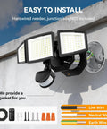 Motion Sensor Outdoor LED Flood Light With 7000 Lumen Output And 6500K Daylight Waterproof Hardwired Wall Light With Adjustable Three Heads installed on wall