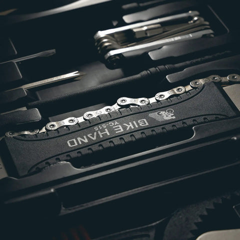 Close-up of Pro Grade Bike Repair Tool Kit 22 Piece Set For Easy Maintenance And On The Go Fixes with chain rivet extractor